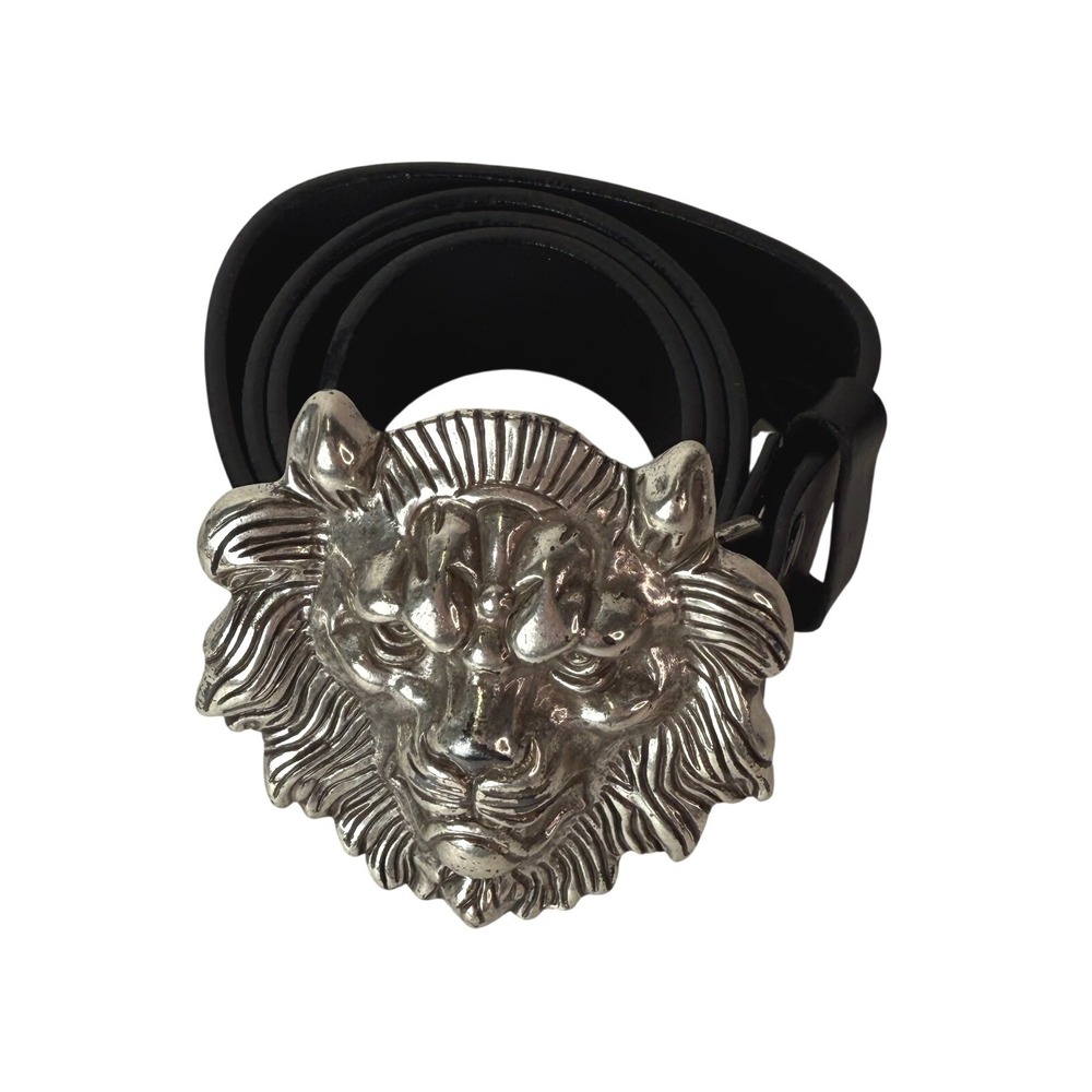 Levis Mens Black Leather Belt Silver Lion Head Trophy Buckle Size 30-32 Small